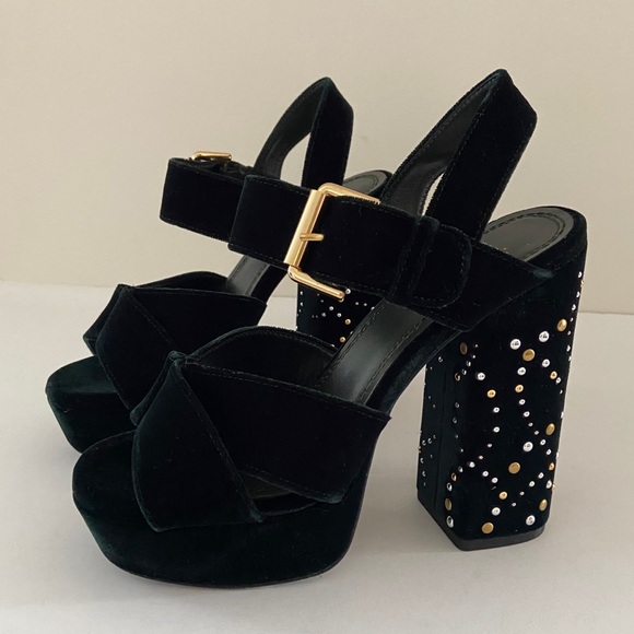 MAJE Studded Dark Green Velvet Platform Sandals - Picture 16 of 16